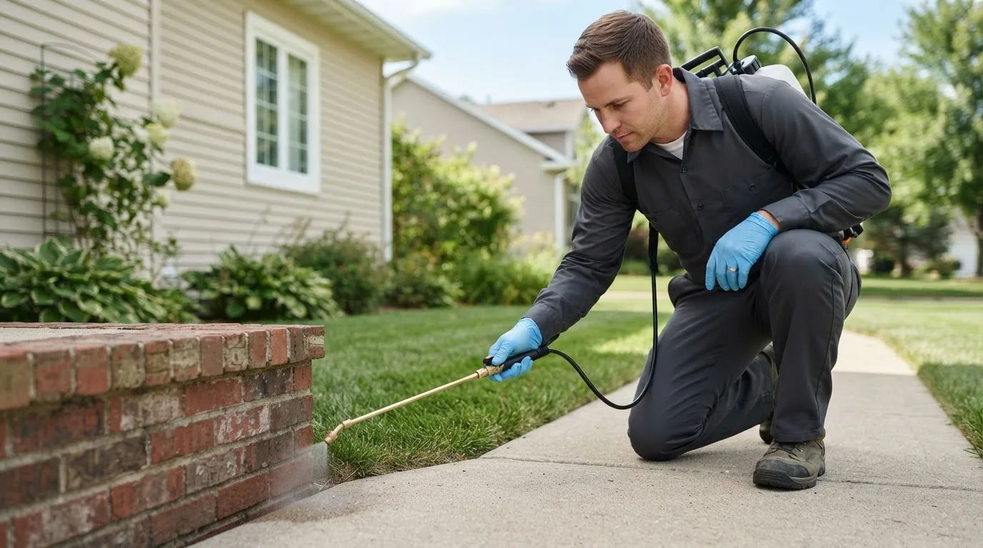 Pest control technician treating a home near Rush Valley, UT